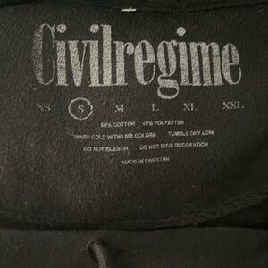 Civilregime hoodie, black, size small, art detail in cream.